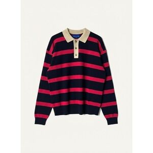 NWT Navy Pink Striped Cotton Knit Polo Sweater Sz L Unisex Preppy Nautical Boxy
